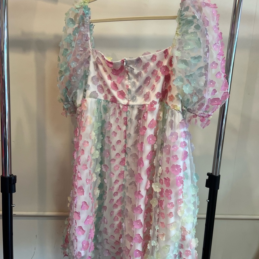 Pastel Rainbow Floral Puff Sleeve Dress - Picture 2 of 5